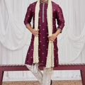 Fancy Maroon Art Silk Embroidered Wedding Kurta Pyjama for Men with Cream Stole