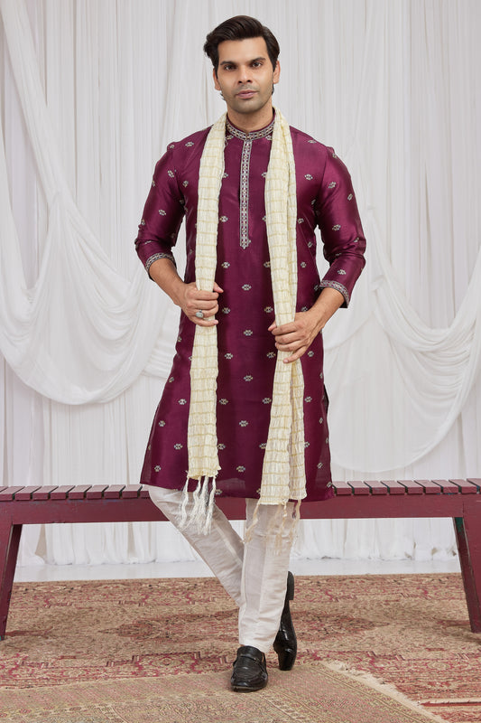 Fancy Maroon Art Silk Embroidered Wedding Kurta Pyjama for Men with Cream Stole