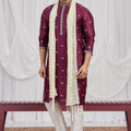 Fancy Maroon Art Silk Embroidered Wedding Kurta Pyjama for Men with Cream Stole