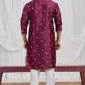 Fancy Maroon Art Silk Embroidered Wedding Kurta Pyjama for Men with Cream Stole