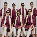 Fancy Maroon Art Silk Embroidered Wedding Kurta Pyjama for Men with Cream Stole