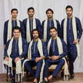 Handsome Navy Blue Art Silk Embroidered Wedding Kurta Pyjama for Men with Cream Stole