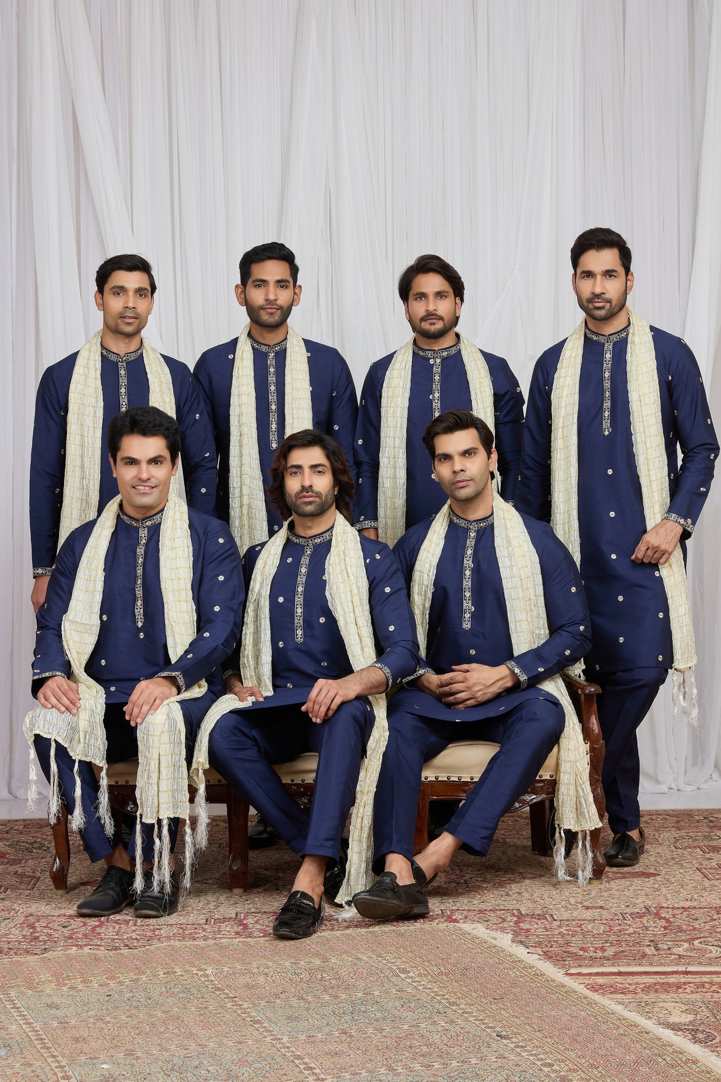 Handsome Navy Blue Art Silk Embroidered Wedding Kurta Pyjama for Men with Cream Stole