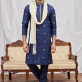 Handsome Navy Blue Art Silk Embroidered Wedding Kurta Pyjama for Men with Cream Stole