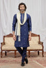 Handsome Navy Blue Art Silk Embroidered Wedding Kurta Pyjama for Men with Cream Stole