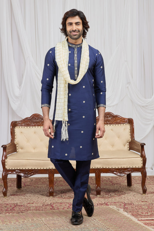 Handsome Navy Blue Art Silk Embroidered Wedding Kurta Pyjama for Men with Cream Stole