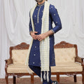 Handsome Navy Blue Art Silk Embroidered Wedding Kurta Pyjama for Men with Cream Stole