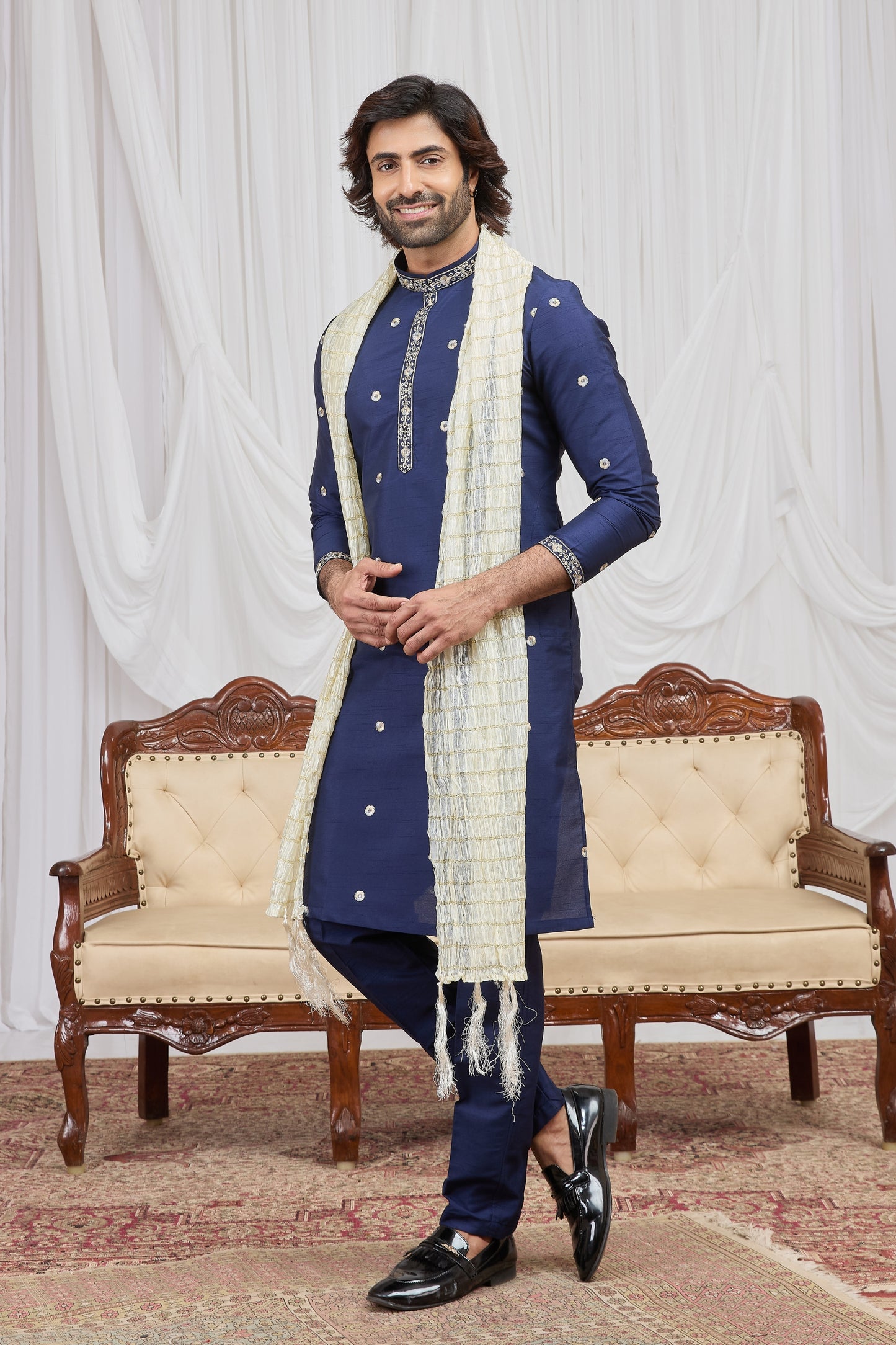 Handsome Navy Blue Art Silk Embroidered Wedding Kurta Pyjama for Men with Cream Stole