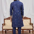 Handsome Navy Blue Art Silk Embroidered Wedding Kurta Pyjama for Men with Cream Stole