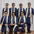 Handsome Navy Blue Art Silk Embroidered Wedding Kurta Pyjama for Men with Cream Stole