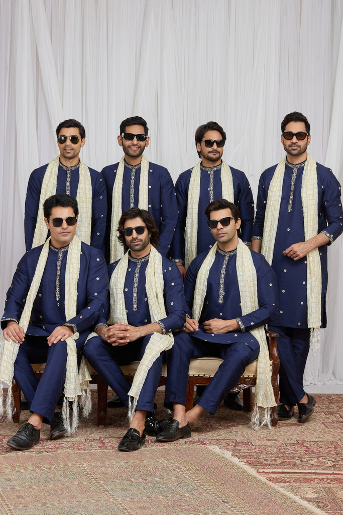 Handsome Navy Blue Art Silk Embroidered Wedding Kurta Pyjama for Men with Cream Stole