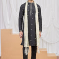 Incredible Black Art Silk Embroidered Wedding Kurta Pyjama for Men with Cream Stole