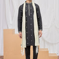 Incredible Black Art Silk Embroidered Wedding Kurta Pyjama for Men with Cream Stole