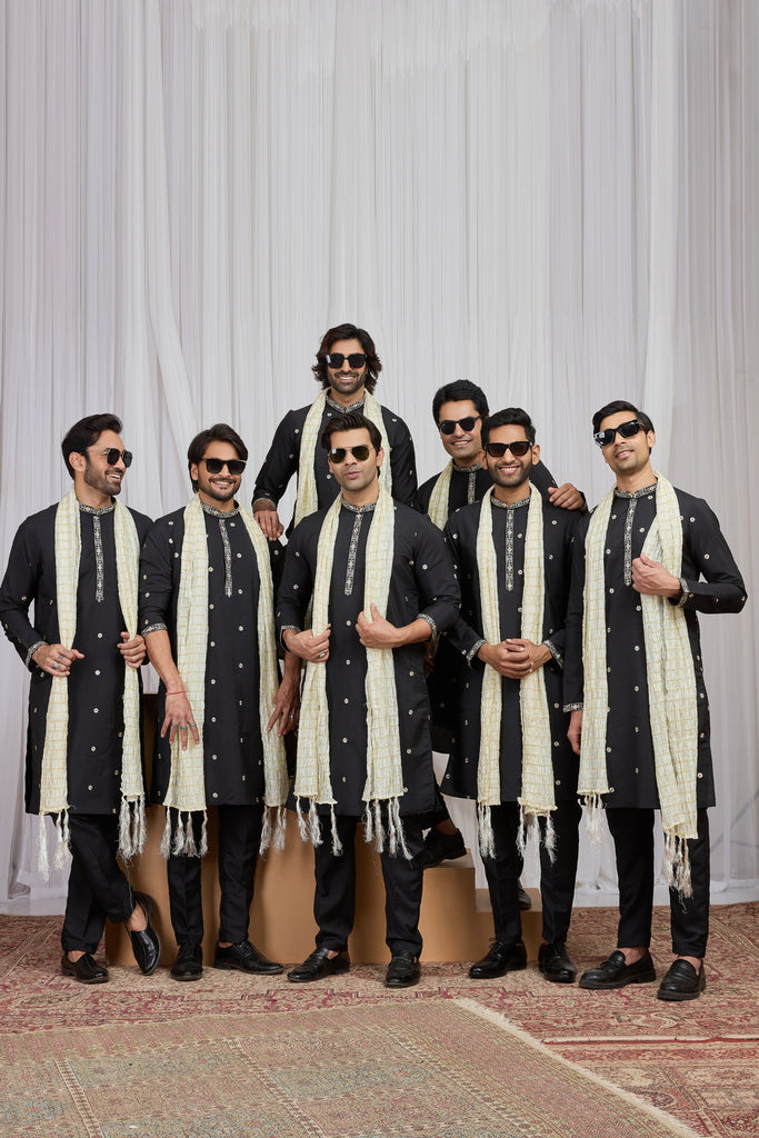 Incredible Black Art Silk Embroidered Wedding Kurta Pyjama for Men with Cream Stole