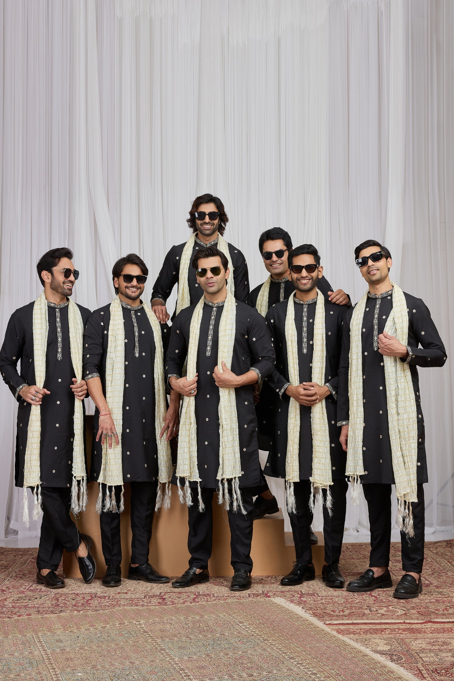 Incredible Black Art Silk Embroidered Wedding Kurta Pyjama for Men with Cream Stole