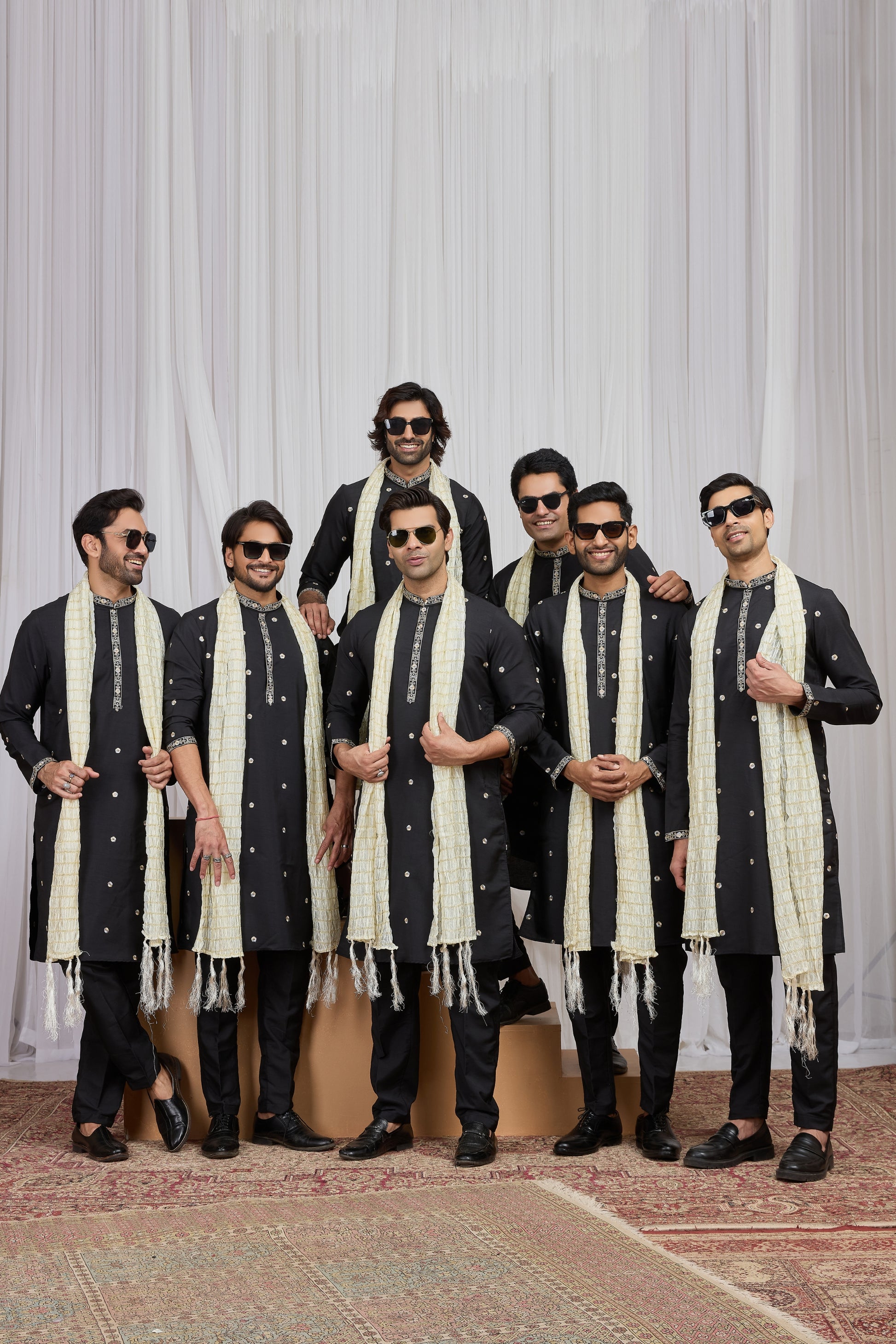 Incredible Black Art Silk Embroidered Wedding Kurta Pyjama for Men with Cream Stole