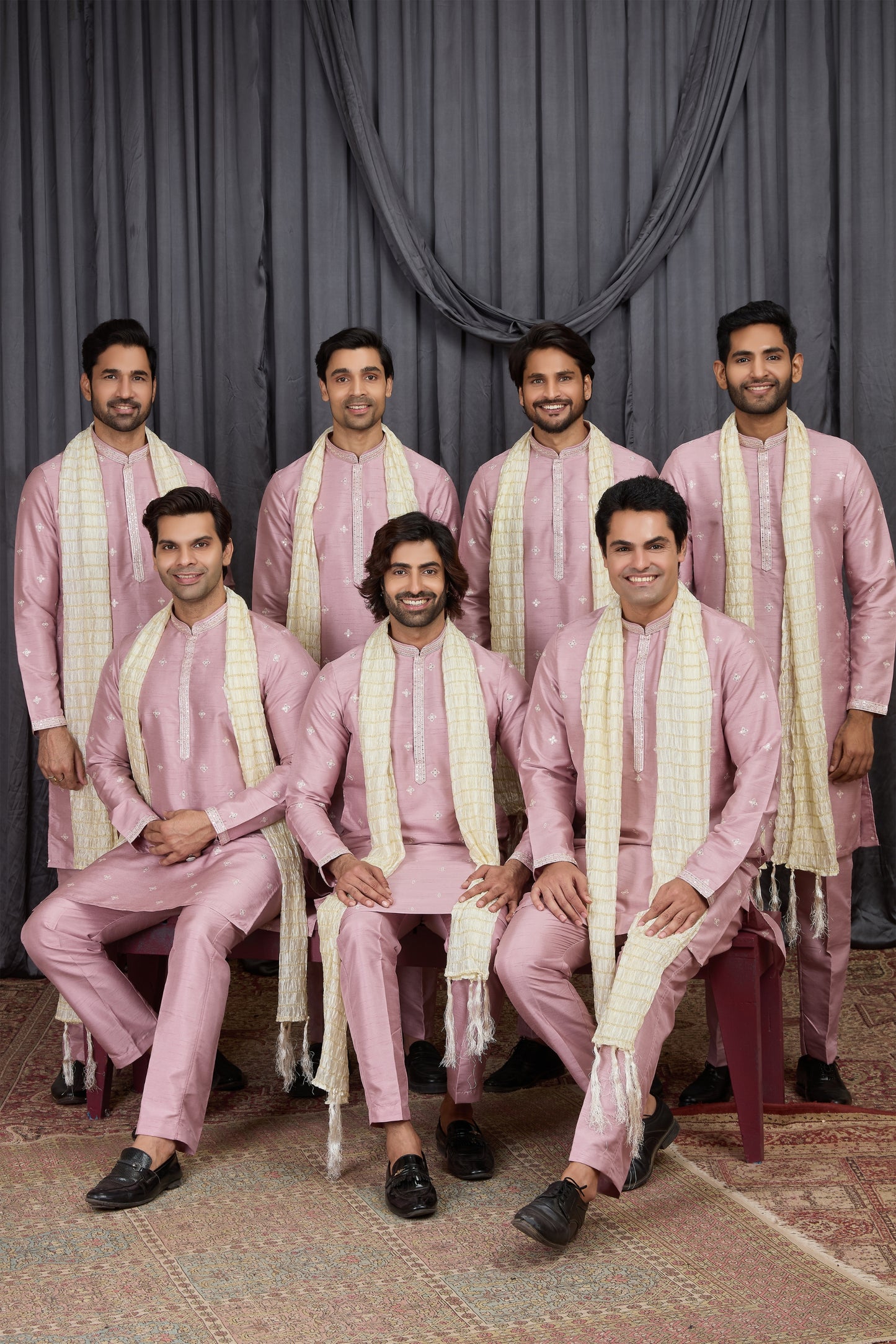 Outstanding Pink Art Silk Embroidered Wedding Kurta Pyjama for Men with Cream Stole