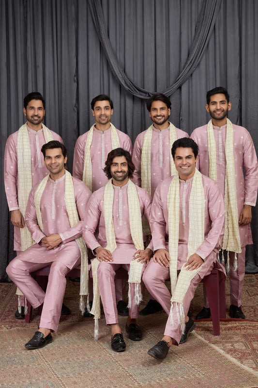 Outstanding Pink Art Silk Embroidered Wedding Kurta Pyjama for Men with Cream Stole