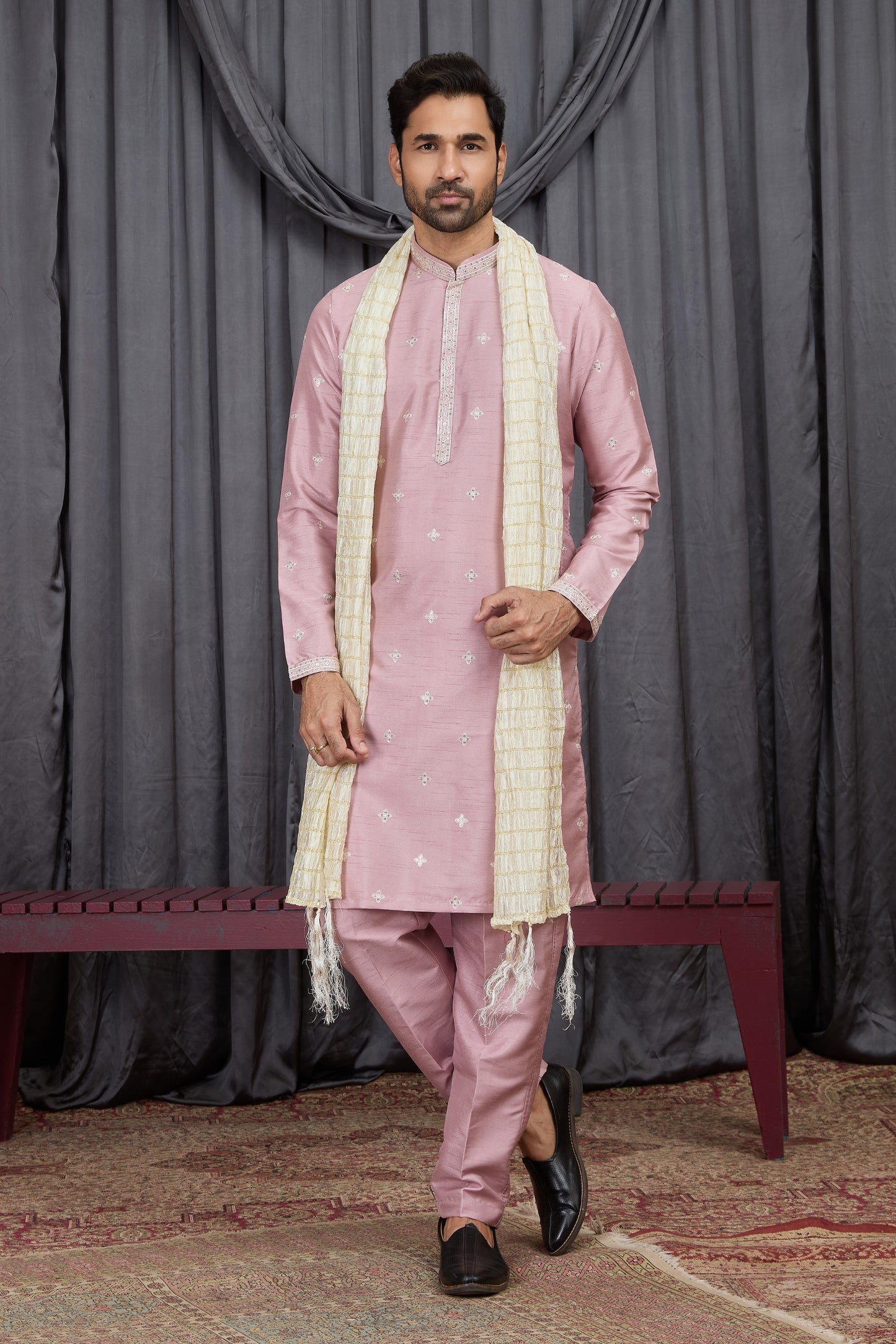 Outstanding Pink Art Silk Embroidered Wedding Kurta Pyjama for Men with Cream Stole