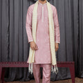 Outstanding Pink Art Silk Embroidered Wedding Kurta Pyjama for Men with Cream Stole