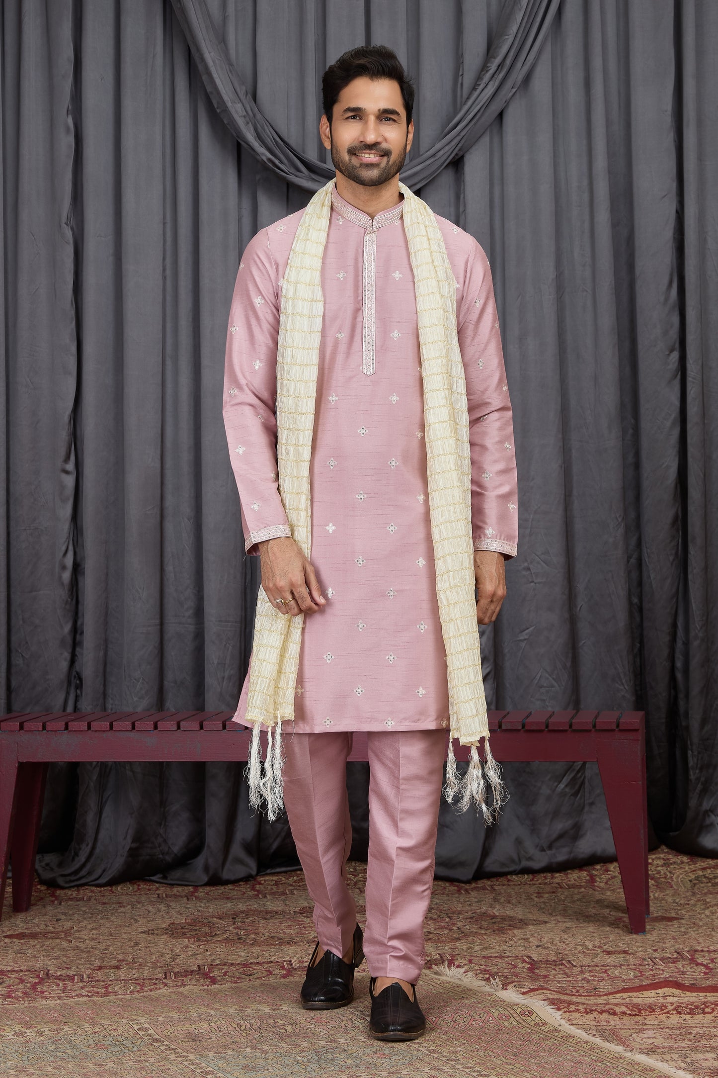 Outstanding Pink Art Silk Embroidered Wedding Kurta Pyjama for Men with Cream Stole