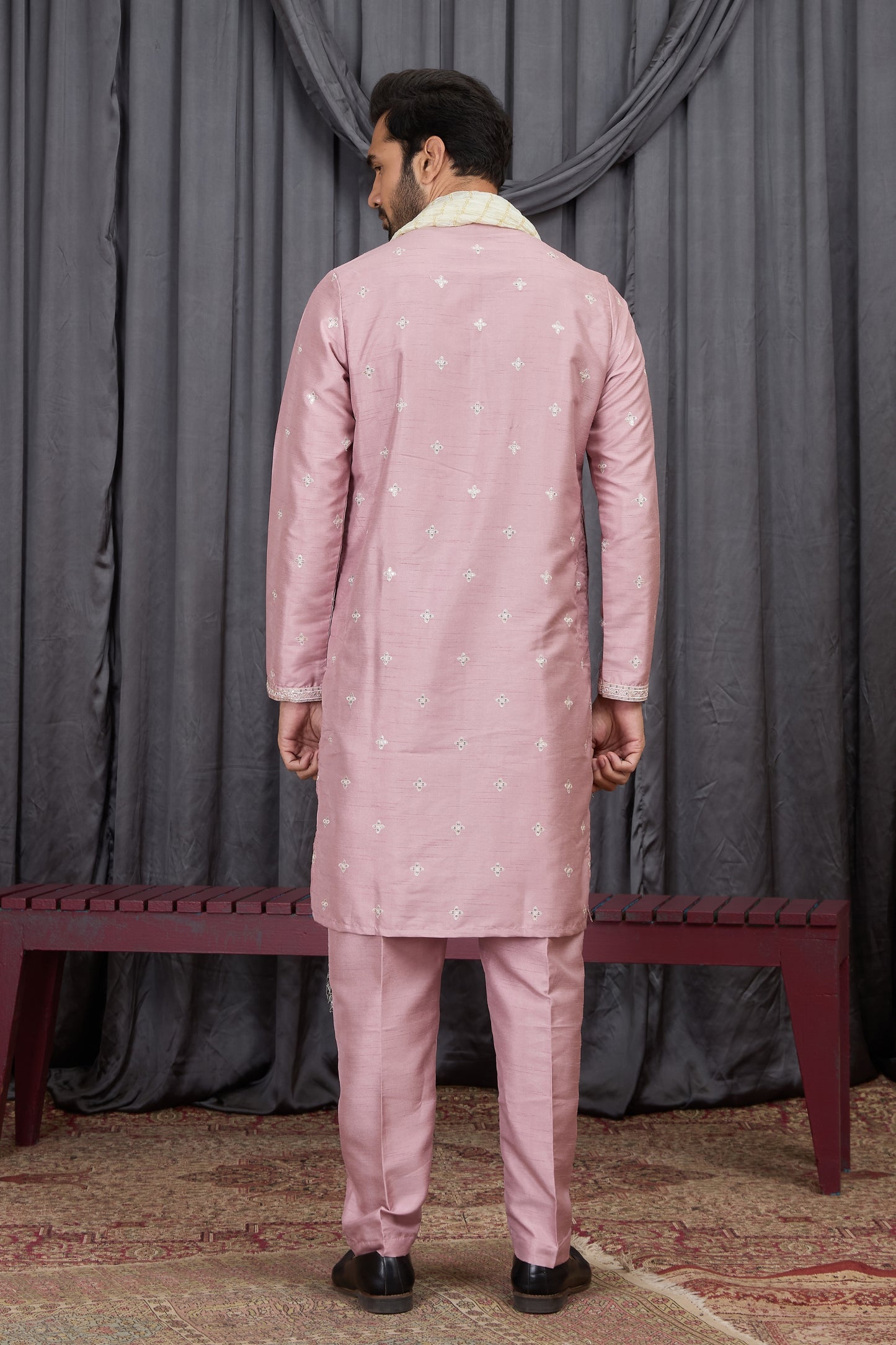 Outstanding Pink Art Silk Embroidered Wedding Kurta Pyjama for Men with Cream Stole