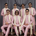 Outstanding Pink Art Silk Embroidered Wedding Kurta Pyjama for Men with Cream Stole