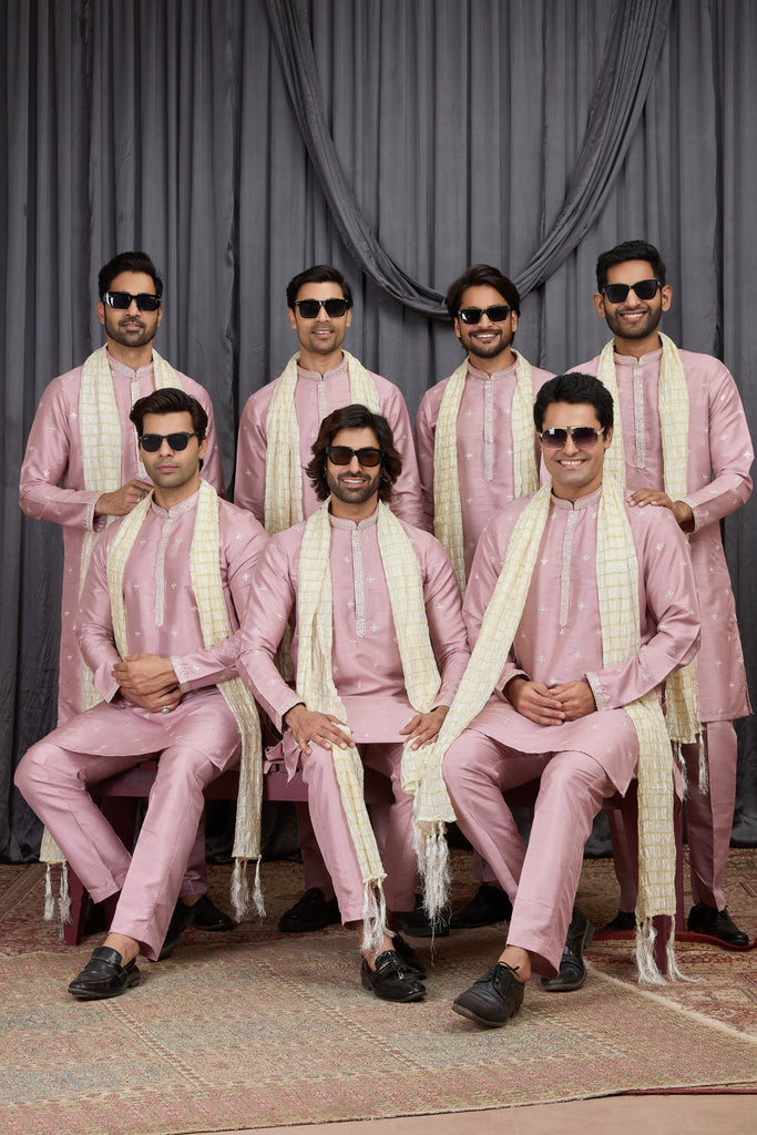 Outstanding Pink Art Silk Embroidered Wedding Kurta Pyjama for Men with Cream Stole