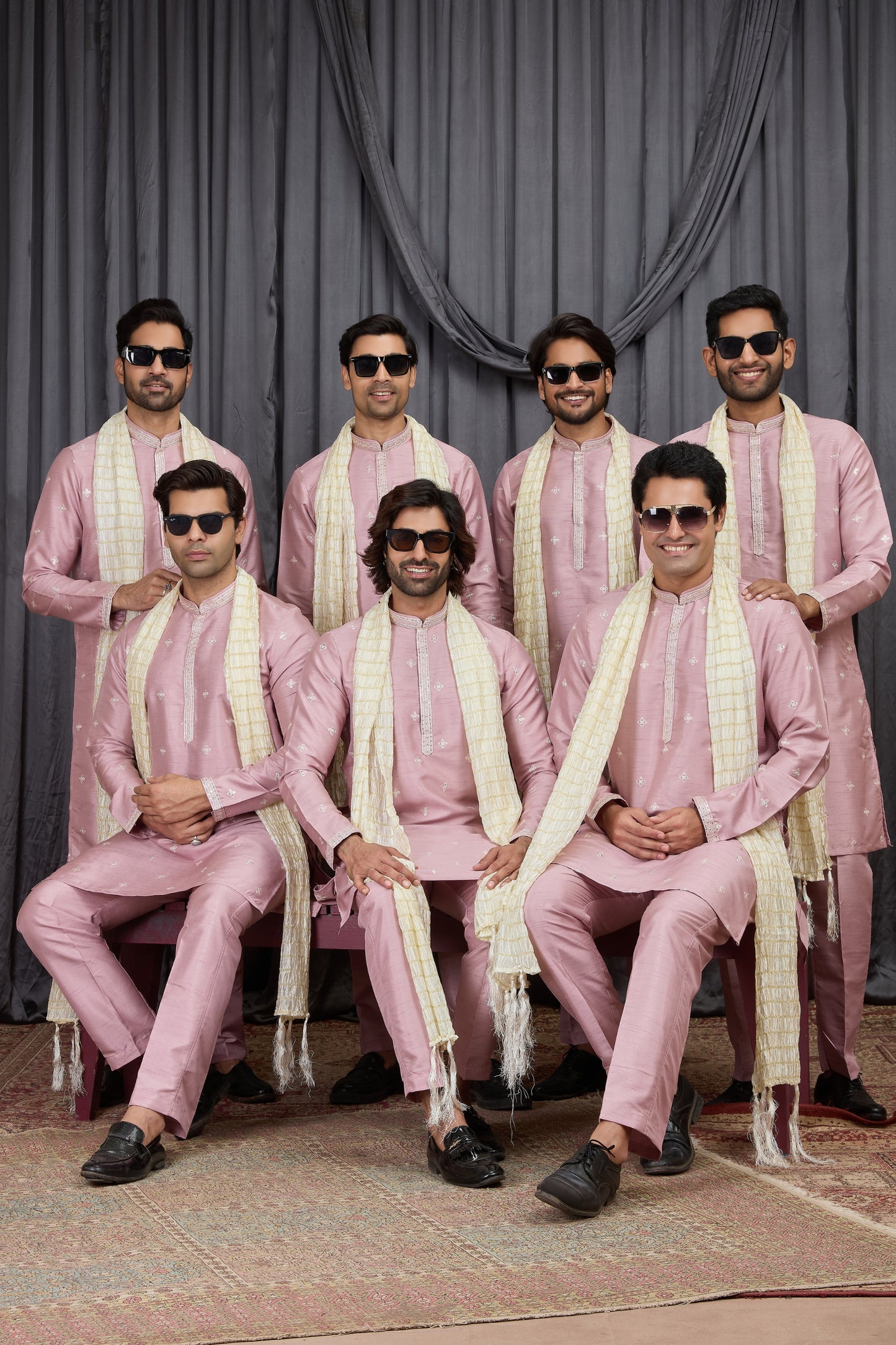 Outstanding Pink Art Silk Embroidered Wedding Kurta Pyjama for Men with Cream Stole