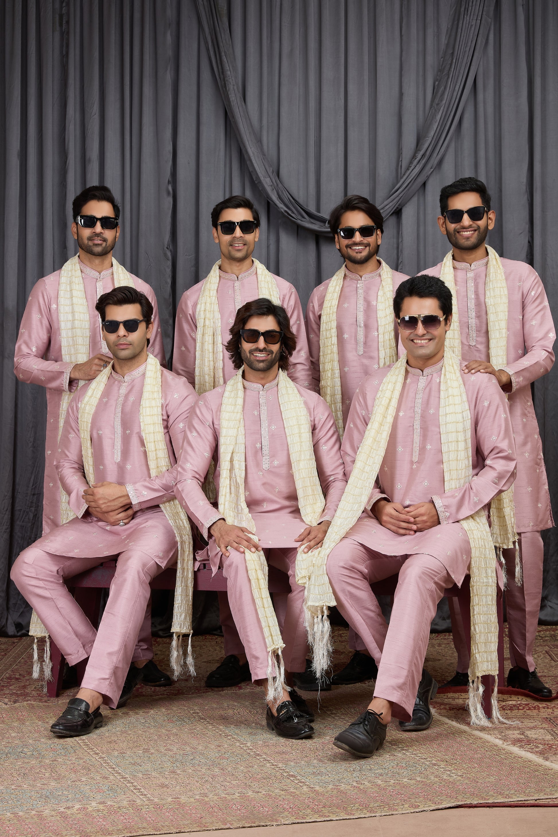 Outstanding Pink Art Silk Embroidered Wedding Kurta Pyjama for Men with Cream Stole