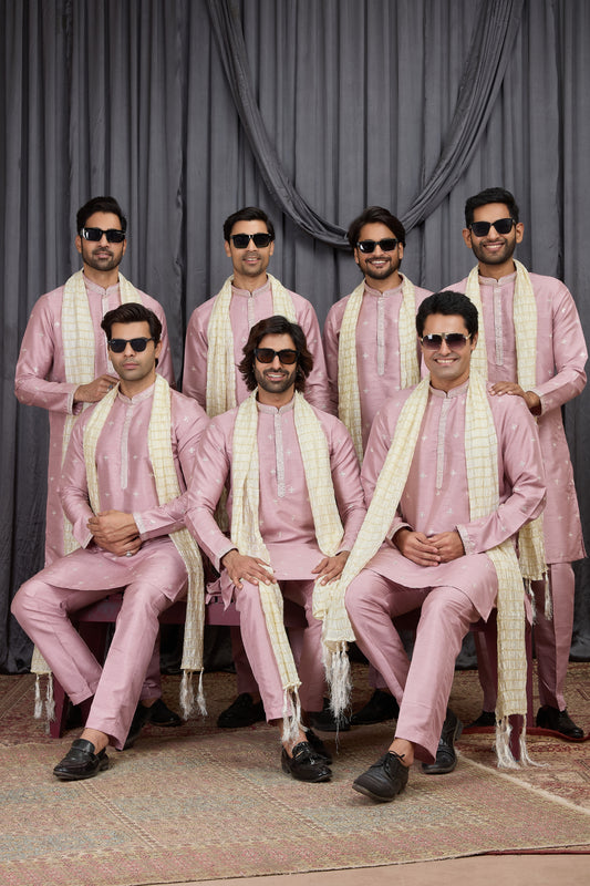 Outstanding Pink Art Silk Embroidered Wedding Kurta Pyjama for Men with Cream Stole