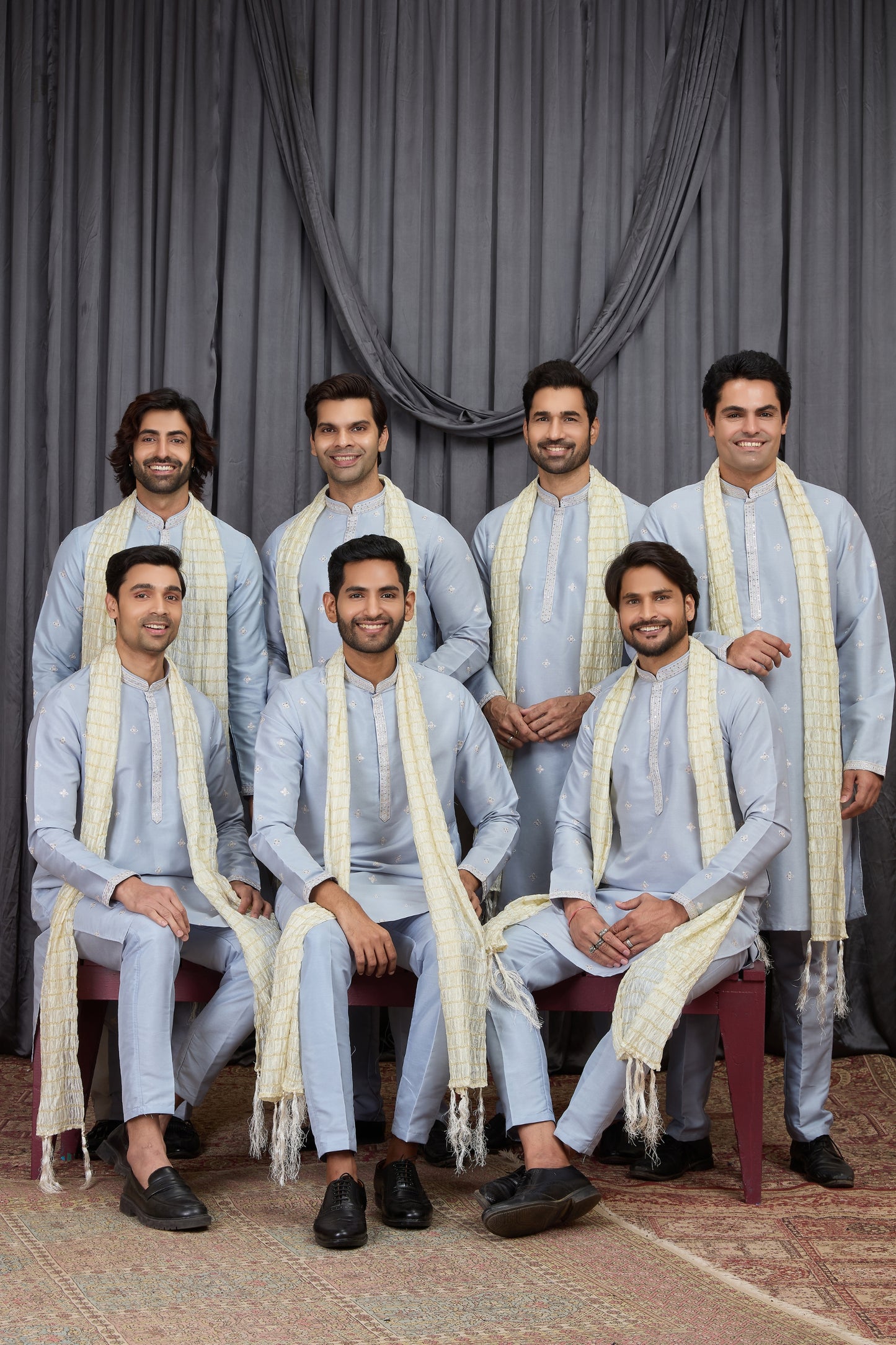 Awesome Sky Blue Art Silk Embroidered Wedding Kurta Pyjama with Cream Stole for Men