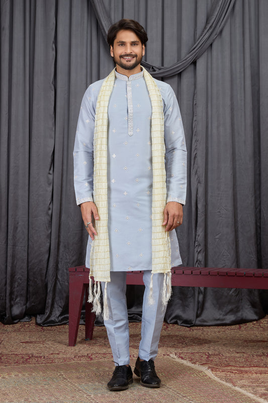 Awesome Sky Blue Art Silk Embroidered Wedding Kurta Pyjama with Cream Stole for Men