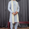 Awesome Sky Blue Art Silk Embroidered Wedding Kurta Pyjama with Cream Stole for Men