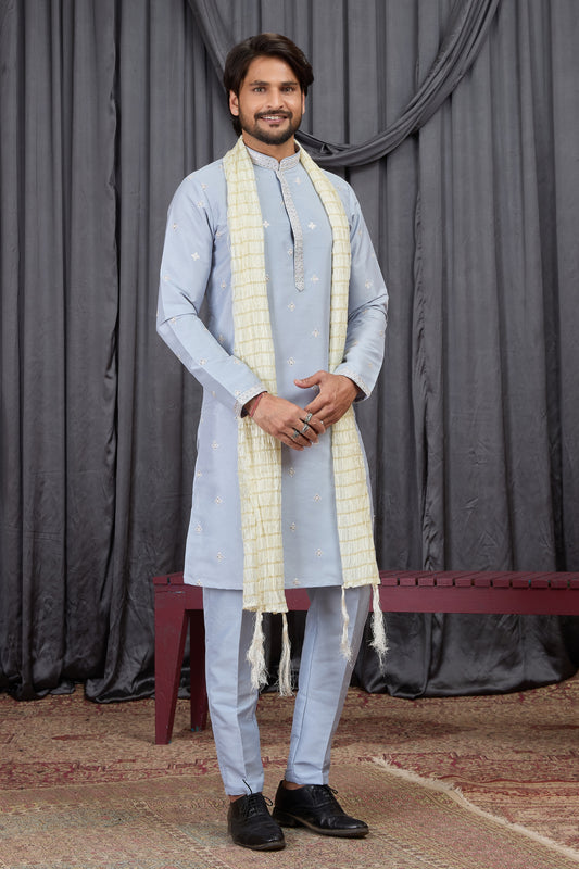 Awesome Sky Blue Art Silk Embroidered Wedding Kurta Pyjama with Cream Stole for Men