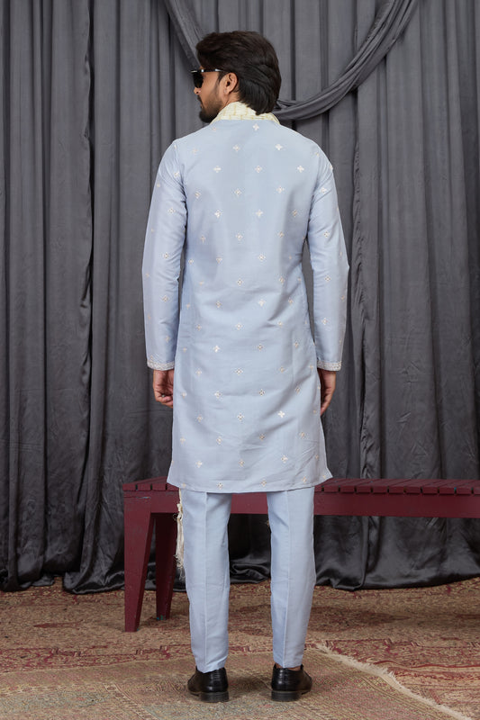 Awesome Sky Blue Art Silk Embroidered Wedding Kurta Pyjama with Cream Stole for Men