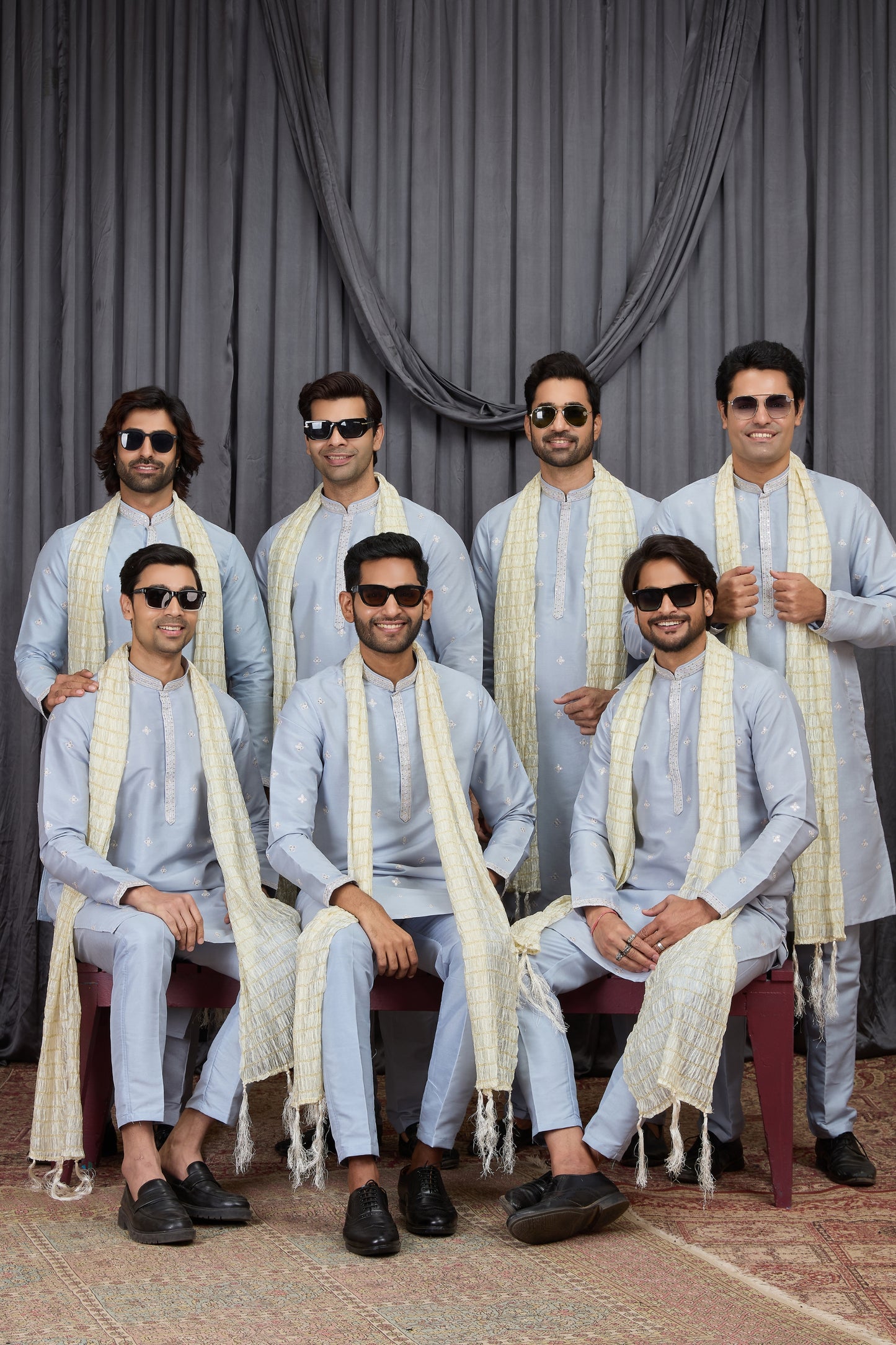 Awesome Sky Blue Art Silk Embroidered Wedding Kurta Pyjama with Cream Stole for Men