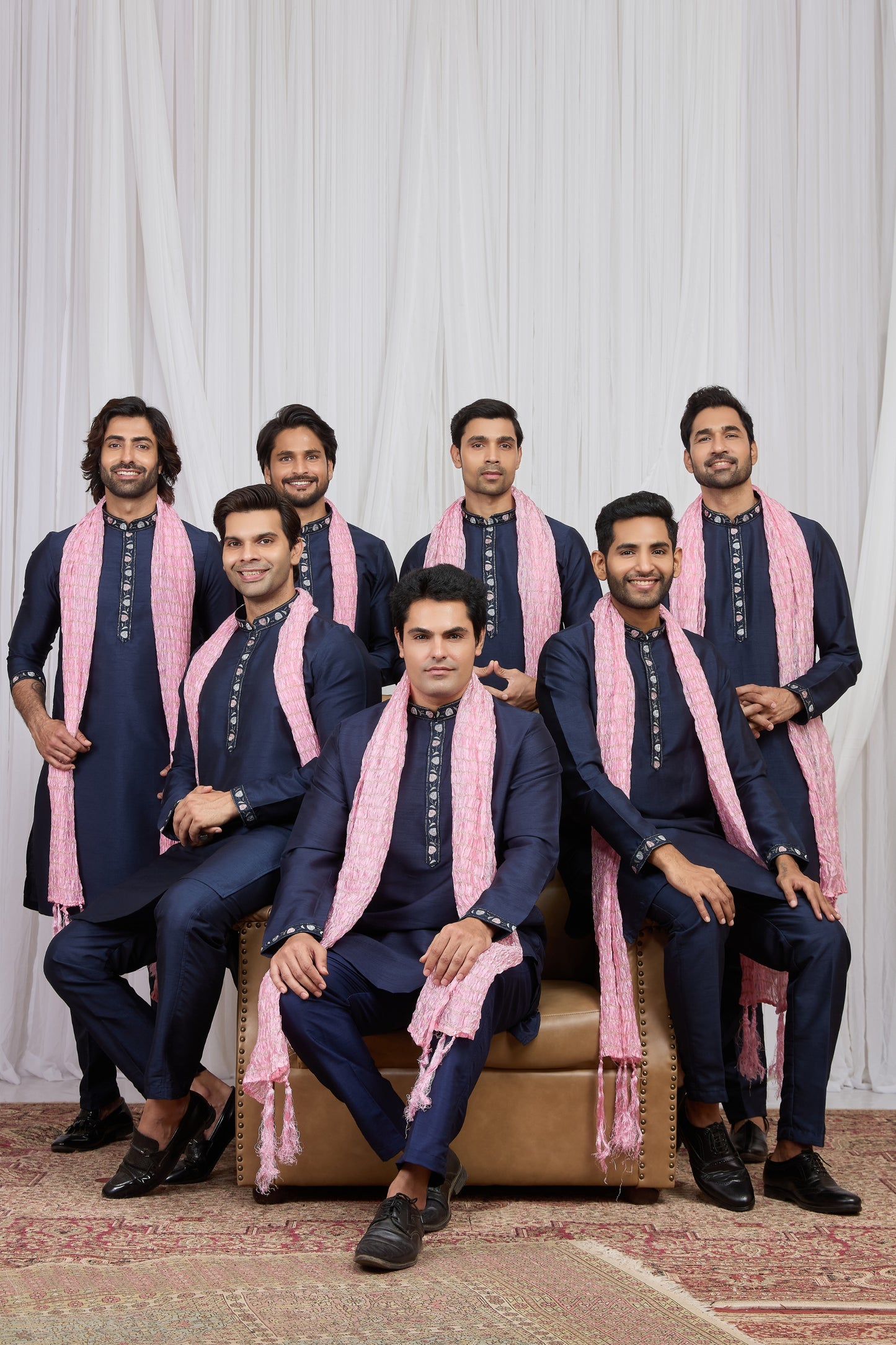 Royal Navy Blue Art Silk Embroidered Wedding Kurta Pyjama with Pink Stole for Men