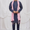 Royal Navy Blue Art Silk Embroidered Wedding Kurta Pyjama with Pink Stole for Men