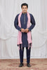 Royal Navy Blue Art Silk Embroidered Wedding Kurta Pyjama with Pink Stole for Men
