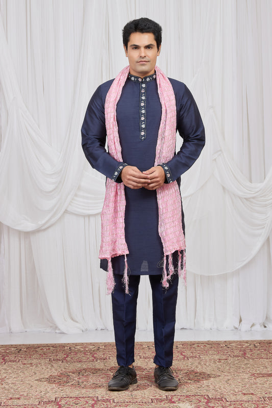 Royal Navy Blue Art Silk Embroidered Wedding Kurta Pyjama with Pink Stole for Men