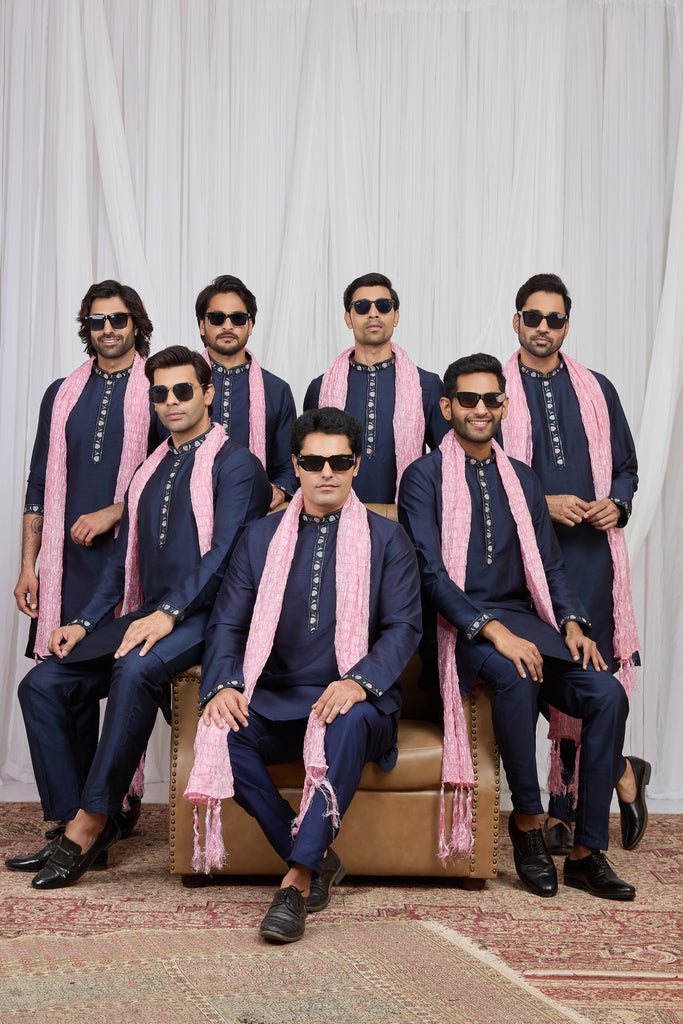 Royal Navy Blue Art Silk Embroidered Wedding Kurta Pyjama with Pink Stole for Men
