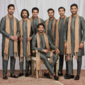 Festive Olive Green Art Silk Embroidered Wedding Kurta Pyjama with Peach Stole for Men