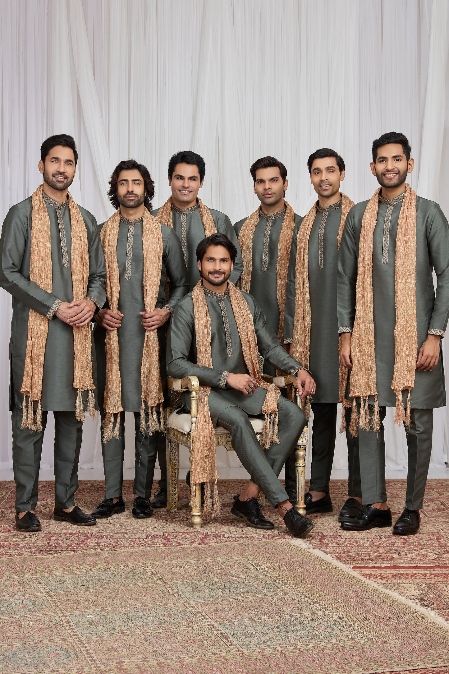 Festive Olive Green Art Silk Embroidered Wedding Kurta Pyjama with Peach Stole for Men