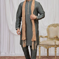 Festive Olive Green Art Silk Embroidered Wedding Kurta Pyjama with Peach Stole for Men