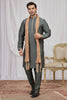Festive Olive Green Art Silk Embroidered Wedding Kurta Pyjama with Peach Stole for Men