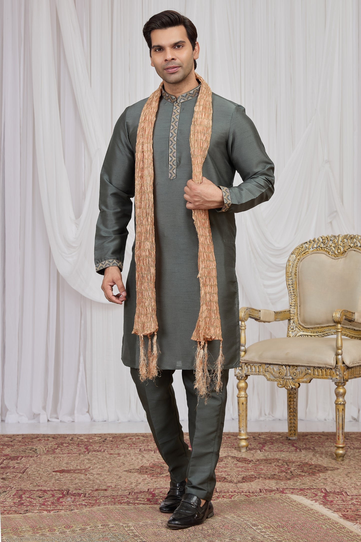 Festive Olive Green Art Silk Embroidered Wedding Kurta Pyjama with Peach Stole for Men