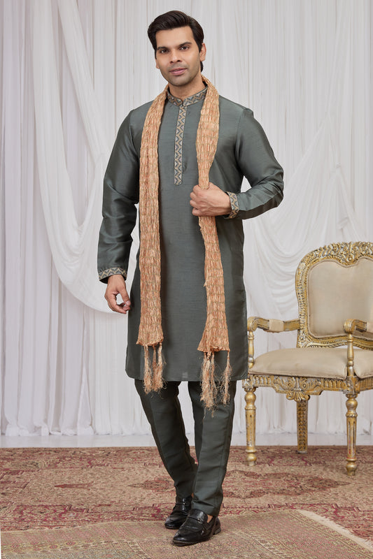 Festive Olive Green Art Silk Embroidered Wedding Kurta Pyjama with Peach Stole for Men