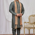 Festive Olive Green Art Silk Embroidered Wedding Kurta Pyjama with Peach Stole for Men