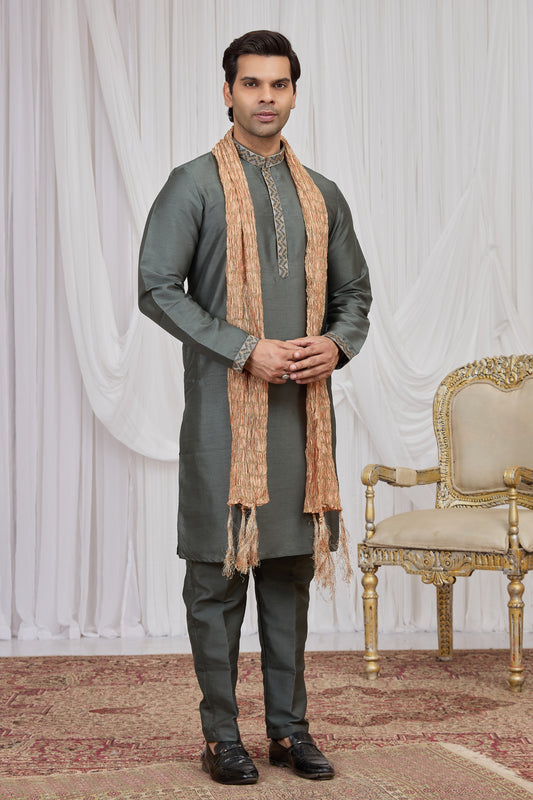 Festive Olive Green Art Silk Embroidered Wedding Kurta Pyjama with Peach Stole for Men